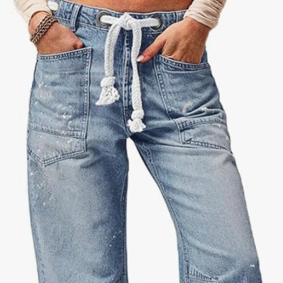 Cicy Bell Womens Baggy Barrel Horseshoe Wide Leg Drawstring Vintage Denim Jeans - Picture 1 of 16